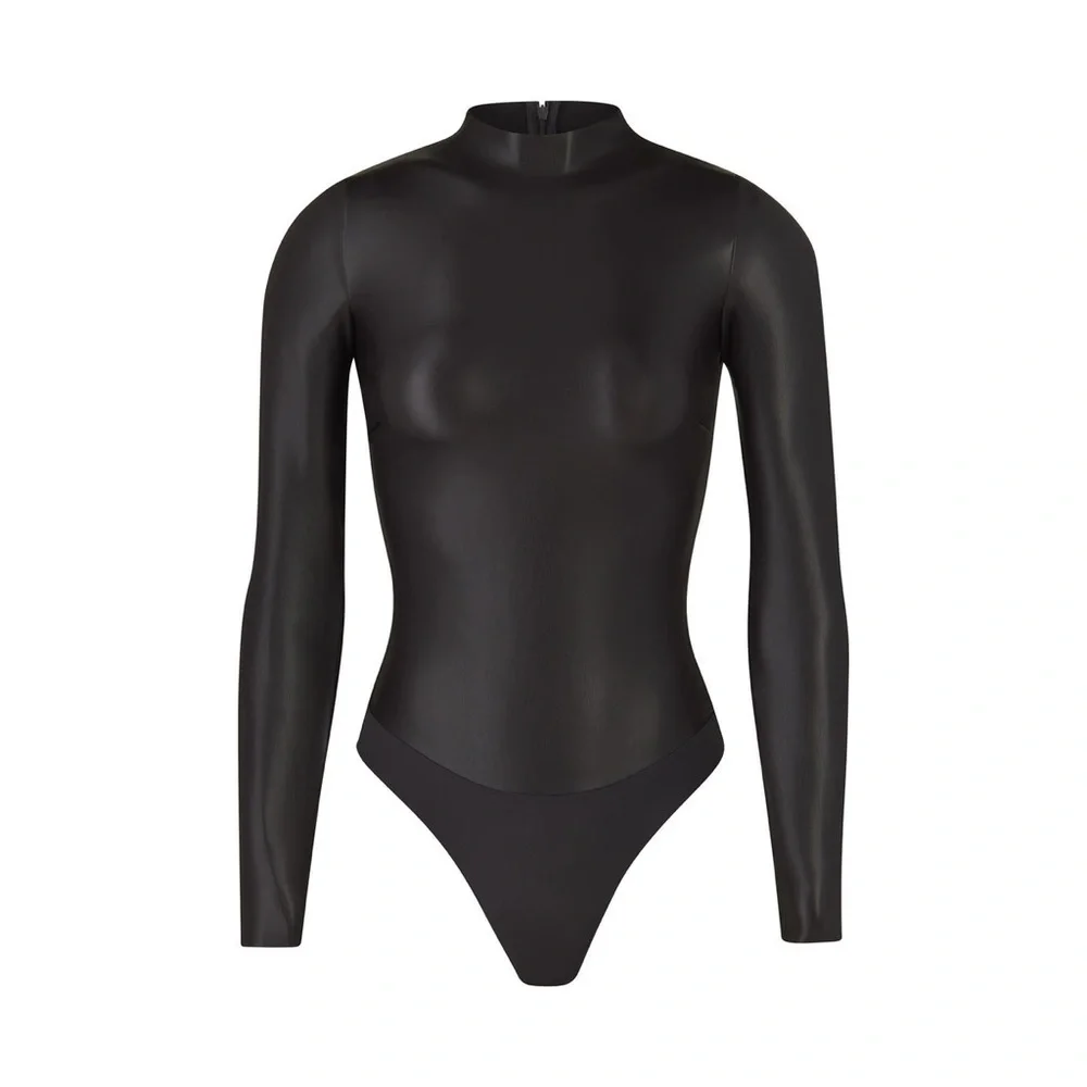 SKIMS FAUX LEATHER MOCK NECK BODYSUIT SOOT NWT (SOLD OUT) 🖤 SIZE XL LONG SLEEVE - Picture 3 of 10